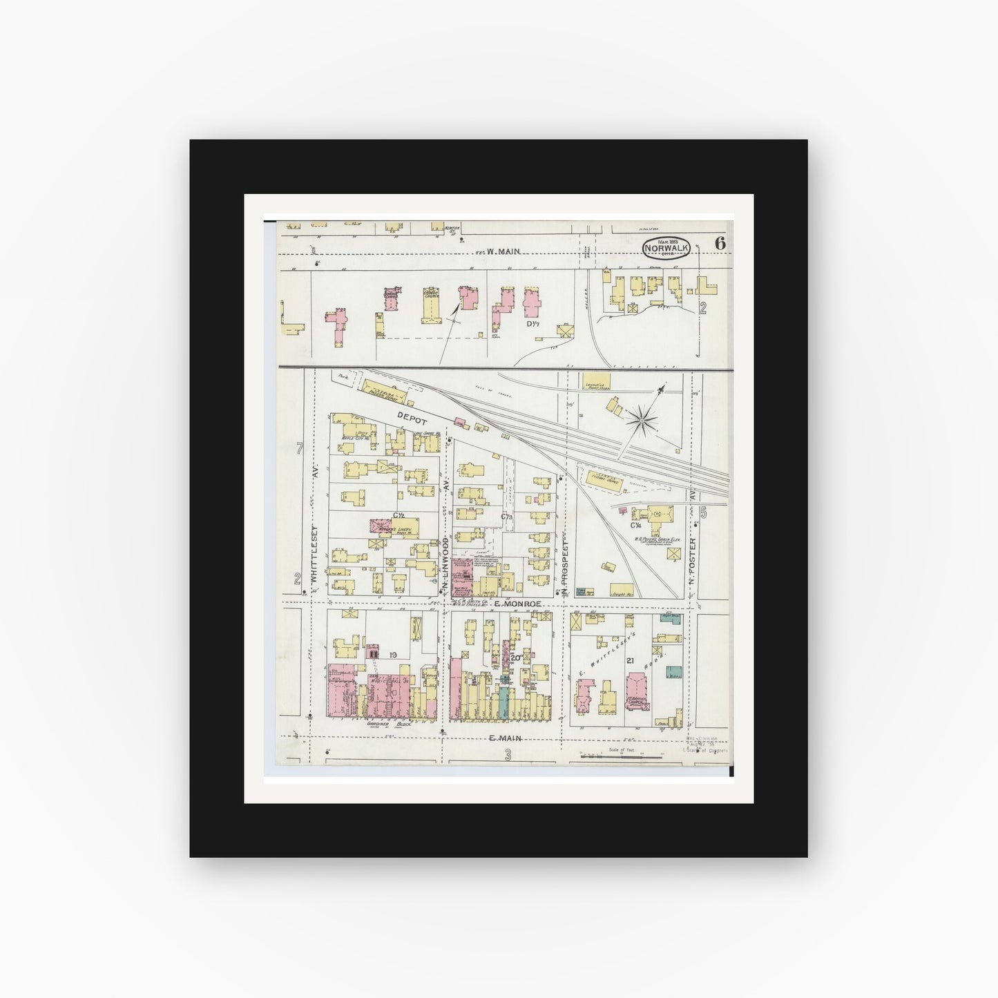 Old map wall art mockup — black gallery frame with white mat — Sanborn Fire Insurance Map from Norwalk, Huron County, Ohio (1893), Sheet #0006