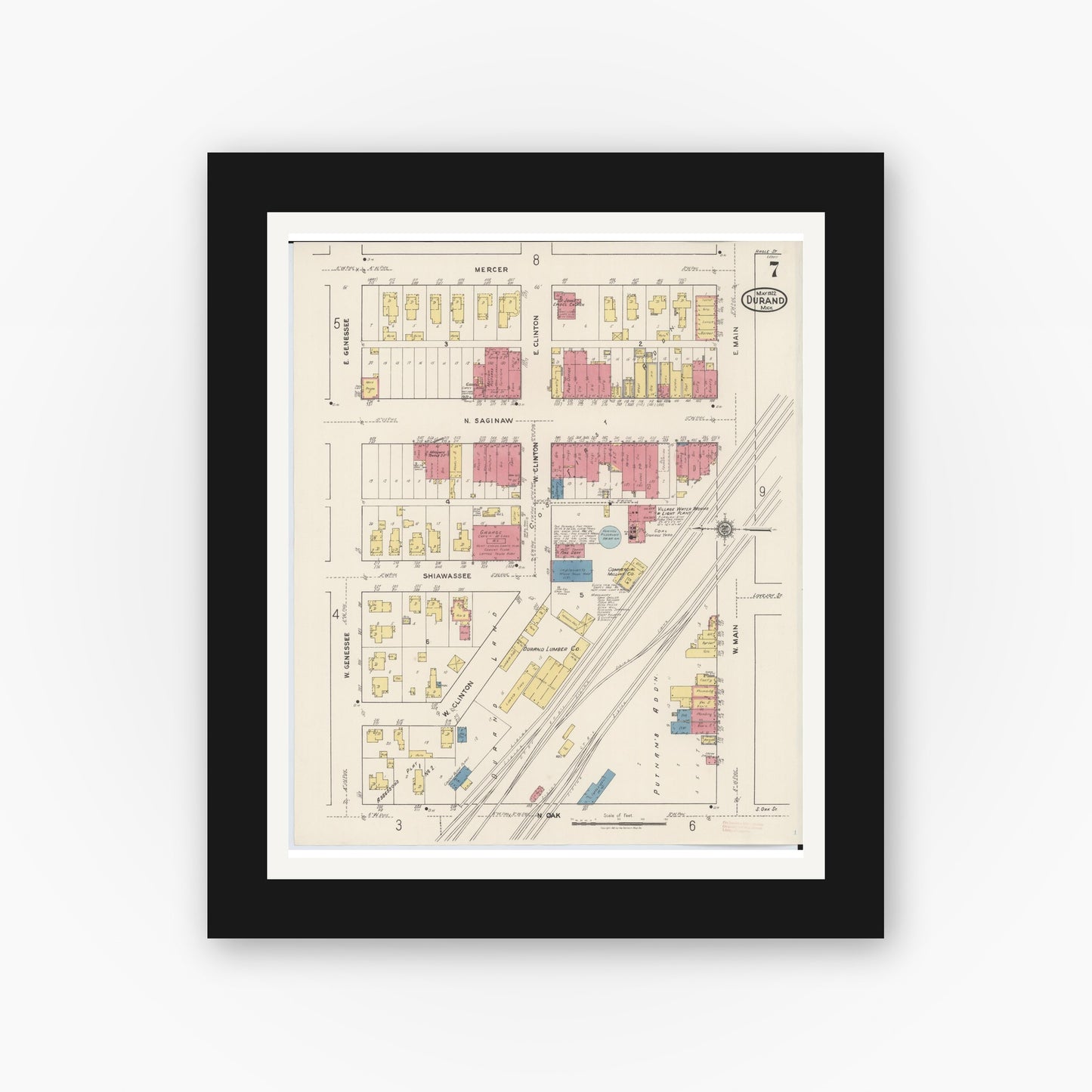 Old map wall art mockup — black gallery frame with white mat — Sanborn Fire Insurance Map from Durand, Shiawassee County, Michigan (1922), Sheet #0007