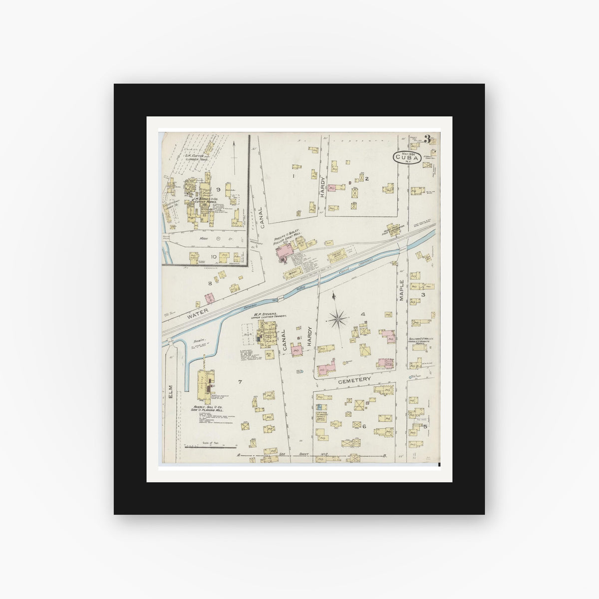 Old map wall art mockup — black gallery frame with white mat — Sanborn Fire Insurance Map from Cuba, Allegany County, New York (1886), Sheet #0003