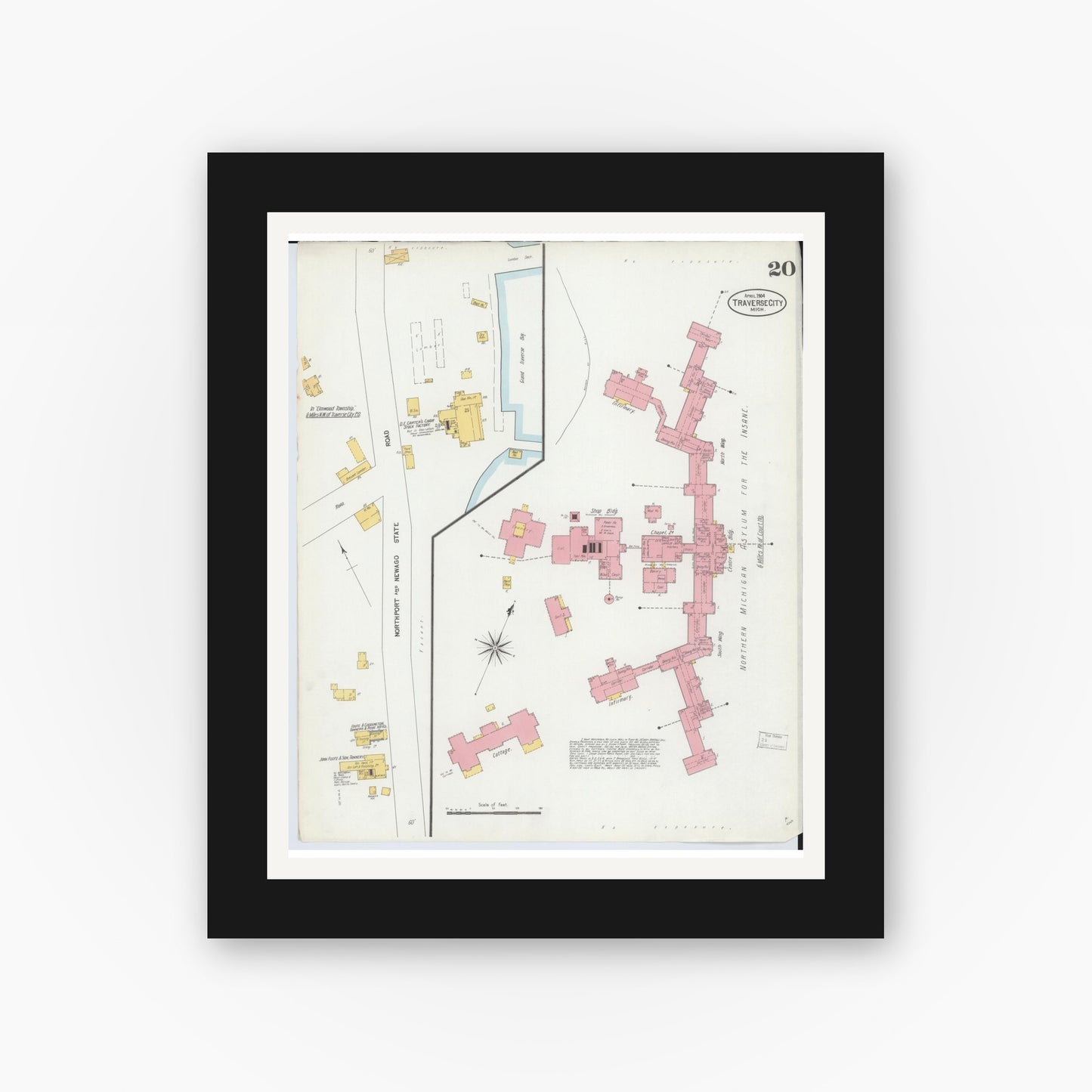 Old map wall art mockup — black gallery frame with white mat — Sanborn Fire Insurance Map from Traverse City, Grand Traverse County, Michigan (1904), Sheet #0020