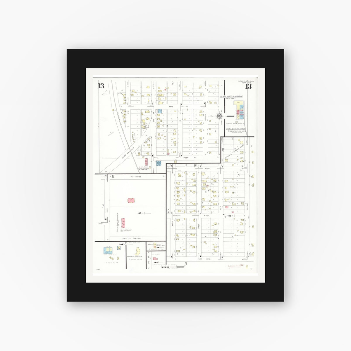 Old map wall art mockup — black gallery frame with white mat — Sanborn Fire Insurance Map from Webster City, Hamilton County, Iowa (1938), Sheet #0013