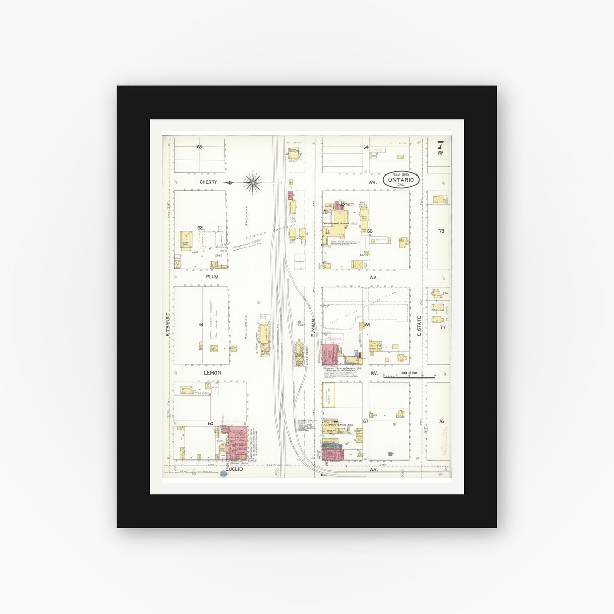 Old map wall art mockup — black gallery frame with white mat — Sanborn Fire Insurance Map from Ontario, San Bernardino County, California (1895), Sheet #0007