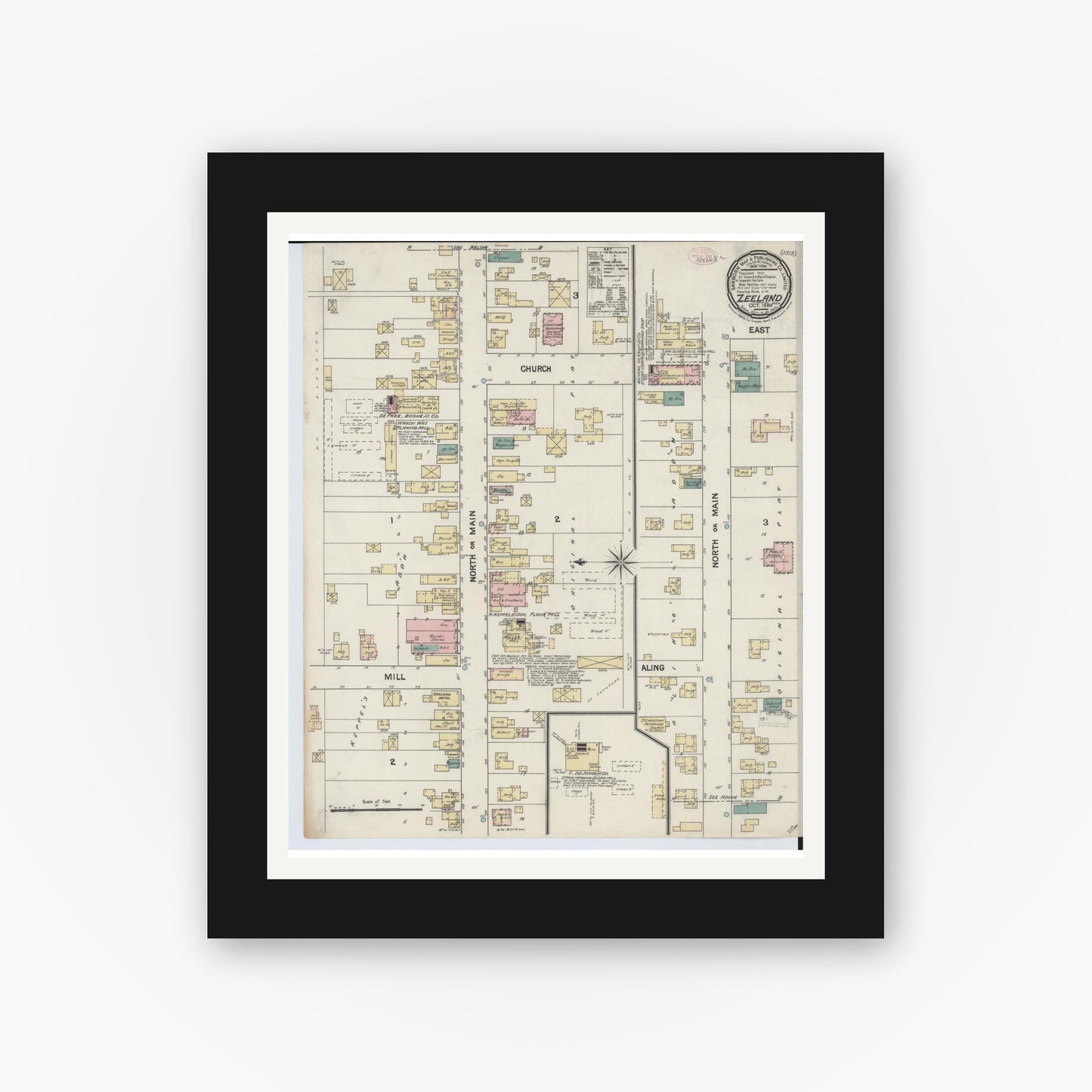 Old map wall art mockup — black gallery frame with white mat — Sanborn Fire Insurance Map from Zeeland, Ottawa County, Michigan (1889), Sheet #0001
