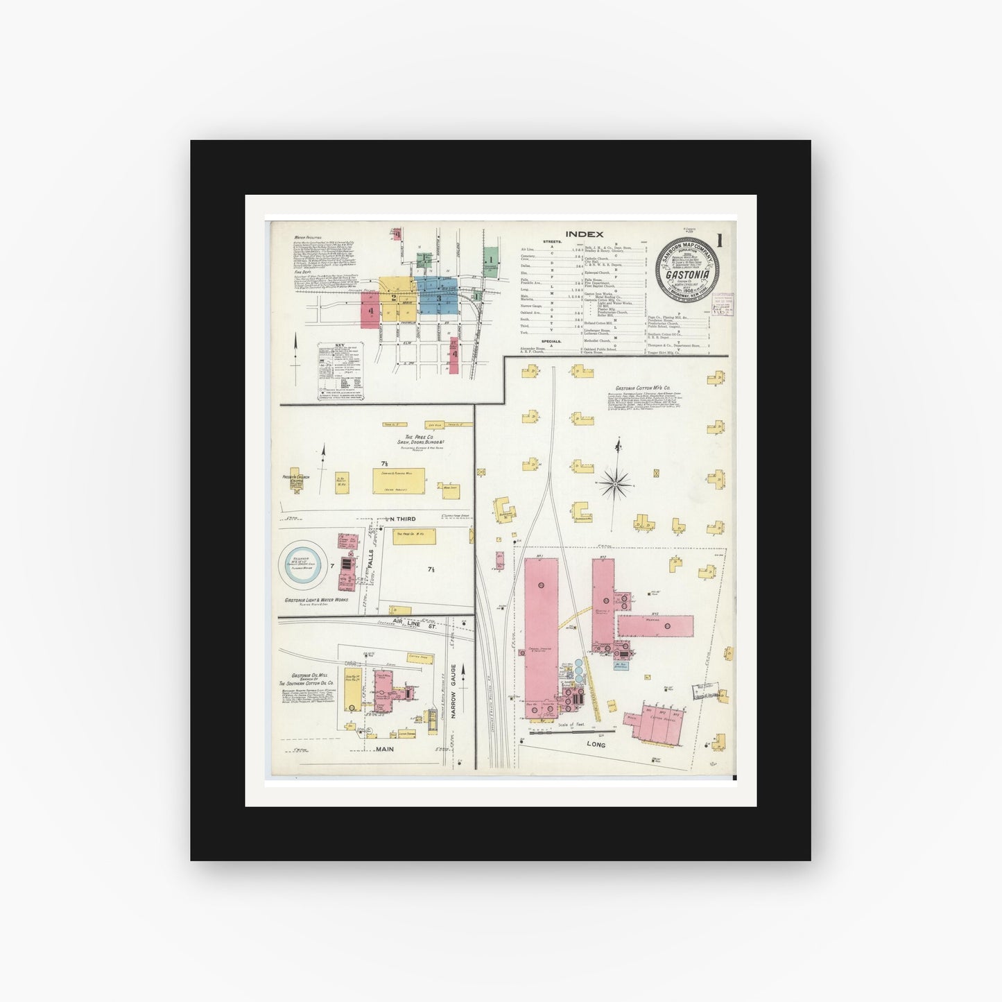 Old map wall art mockup — black gallery frame with white mat — Sanborn Fire Insurance Map from Gastonia, Gaston County, North Carolina (1908), Sheet #0001