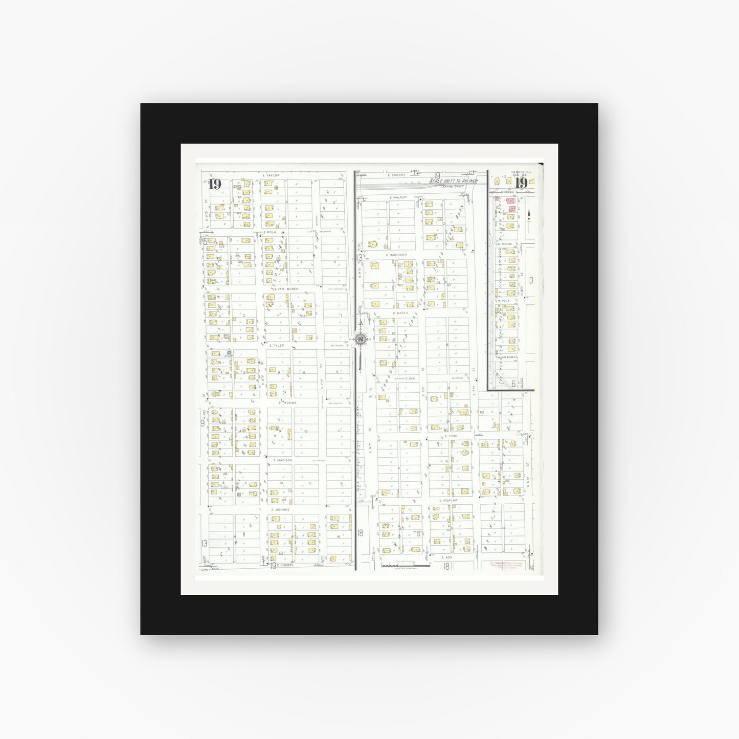 Old map wall art mockup — black gallery frame with white mat — Sanborn Fire Insurance Map from Herrin, Williamson County, Illinois (1941), Sheet #0019