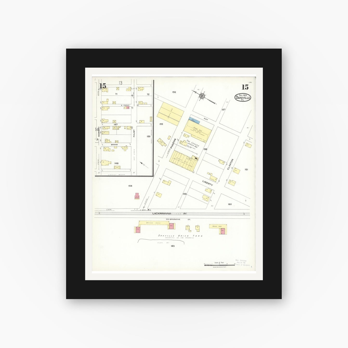 Old map wall art mockup — black gallery frame with white mat — Sanborn Fire Insurance Map from Danville, Montour County, Pennsylvania (1923), Sheet #0015