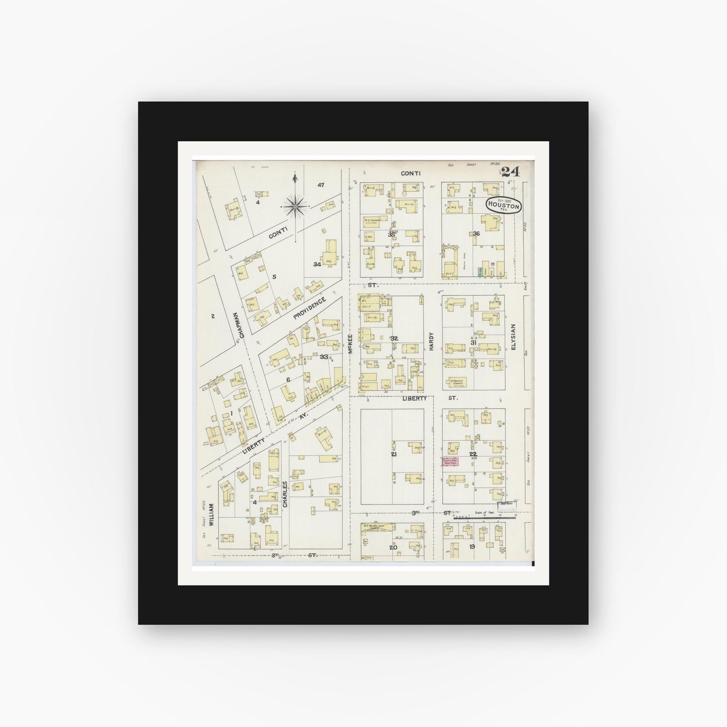 Old map wall art mockup — black gallery frame with white mat — Sanborn Fire Insurance Map from Houston, Harris County, Texas (1890), Sheet #0024