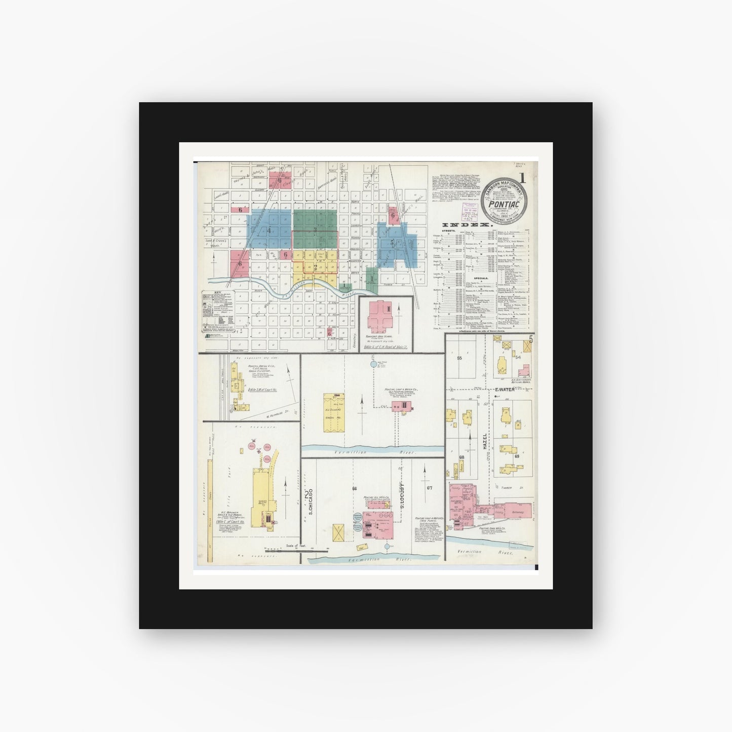 Old map wall art mockup — black gallery frame with white mat — Sanborn Fire Insurance Map from Pontiac, Livingston County, Illinois (1903) - Complete Map Set