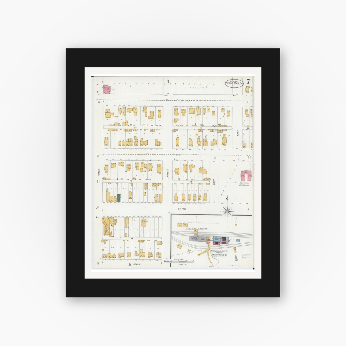 Old map wall art mockup — black gallery frame with white mat — Sanborn Fire Insurance Map from Spring Valley, Bureau County, Illinois (1906), Sheet #0007