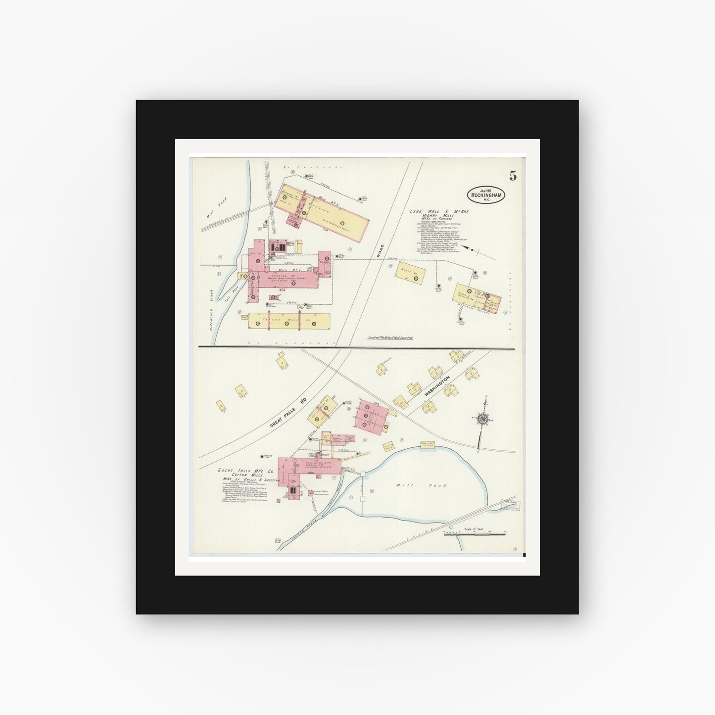 Old map wall art mockup — black gallery frame with white mat — Sanborn Fire Insurance Map from Rockingham, Richmond County, North Carolina (1911), Sheet #0005