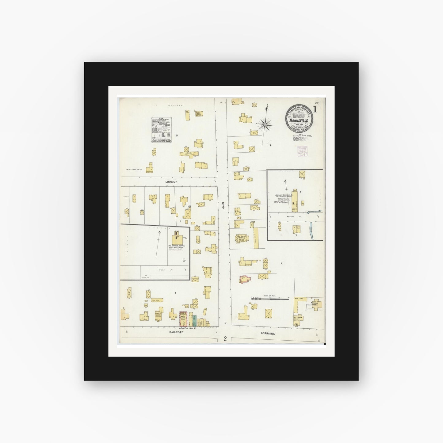 Old map wall art mockup — black gallery frame with white mat — Sanborn Fire Insurance Map from Mannsville, Jefferson County, New York (1906), Sheet #0001