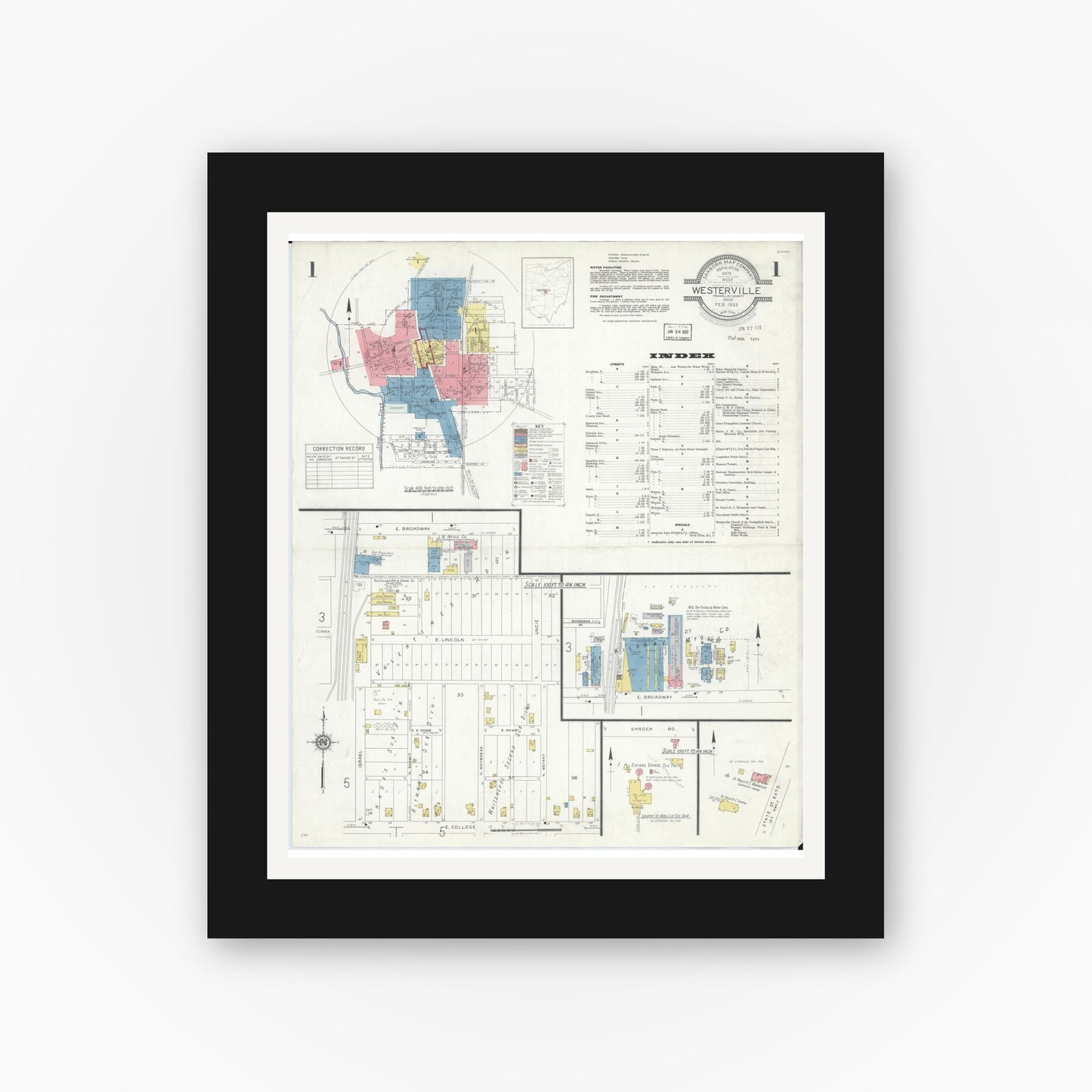 Old map wall art mockup — black gallery frame with white mat — Sanborn Fire Insurance Map from Westerville, Franklin County, Ohio (1933), Sheet #0001