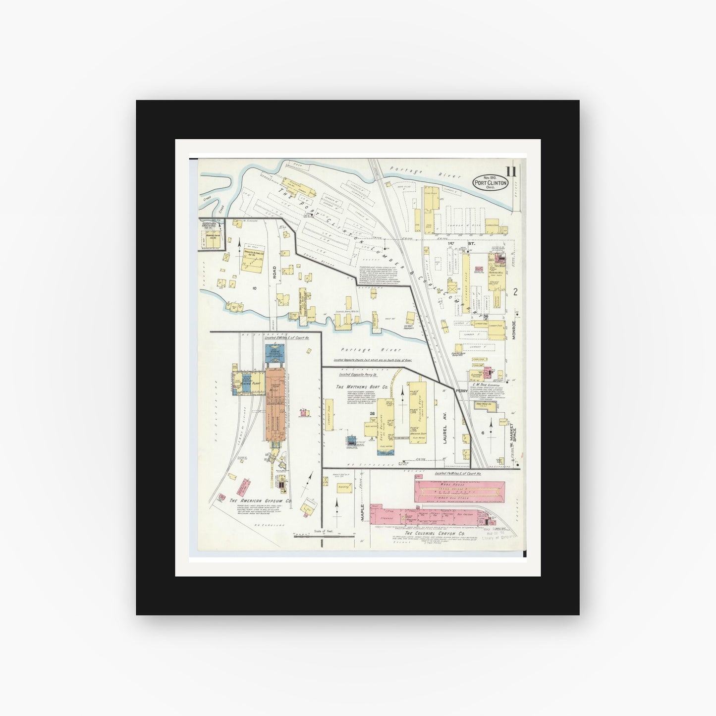 Old map wall art mockup — black gallery frame with white mat — Sanborn Fire Insurance Map from Port Clinton, Ottawa County, Ohio (1910), Sheet #0011