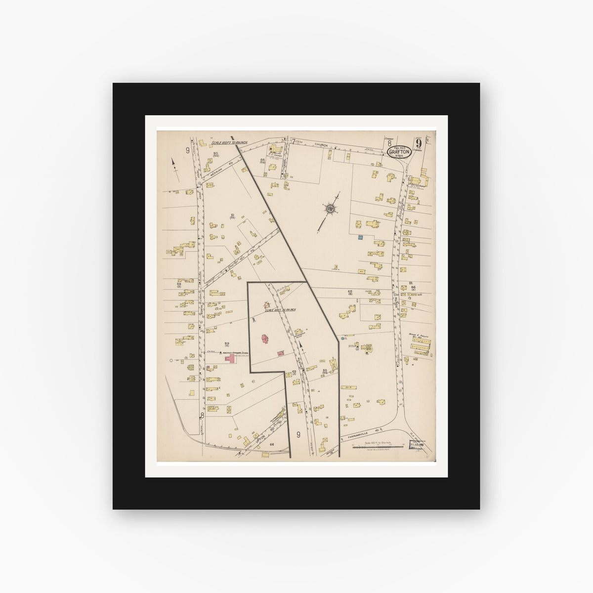 Old map wall art mockup — black gallery frame with white mat — Sanborn Fire Insurance Map from Grafton, Worcester County, Massachusetts (1922), Sheet #0009