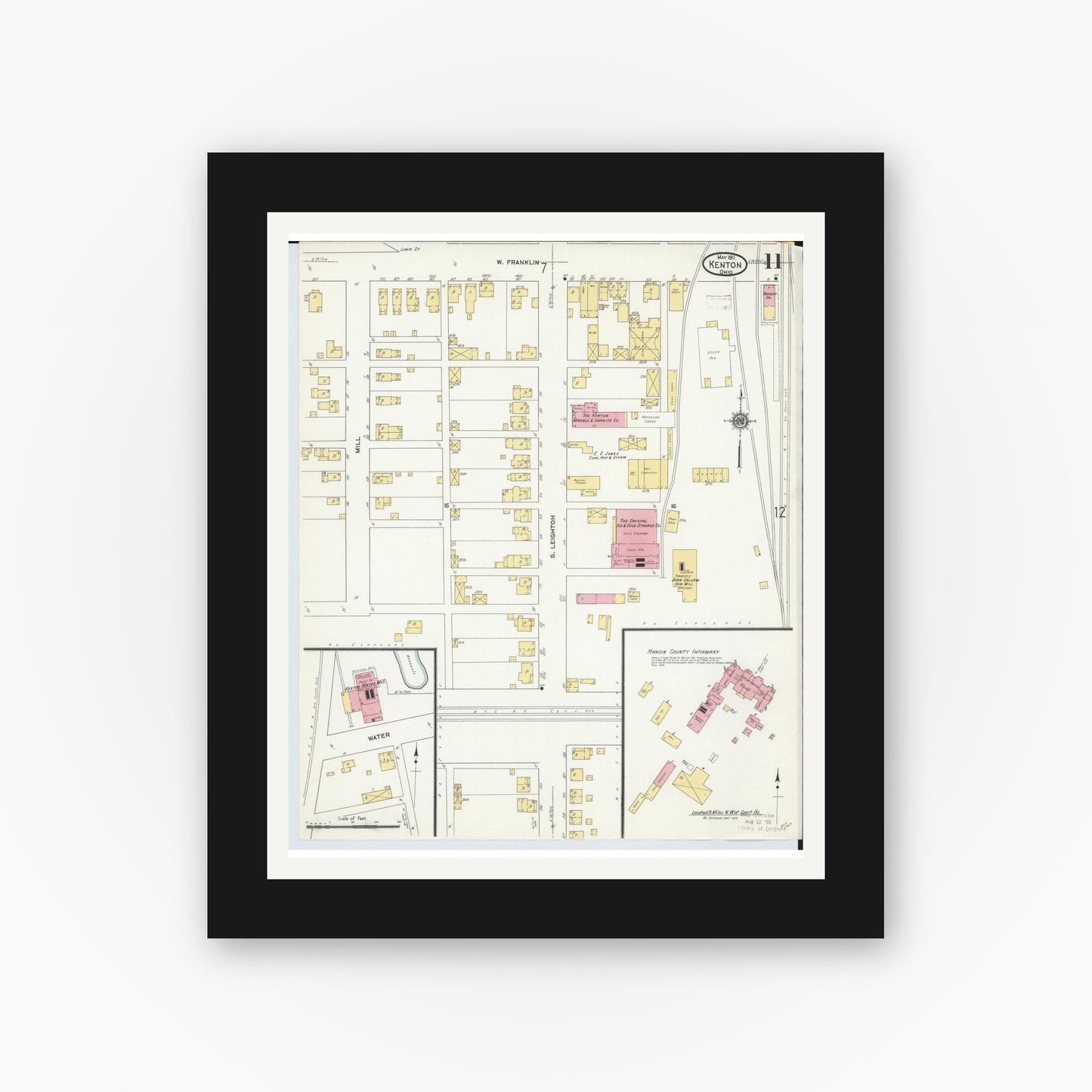 Old map wall art mockup — black gallery frame with white mat — Sanborn Fire Insurance Map from Kenton, Hardin County, Ohio (1911), Sheet #0011