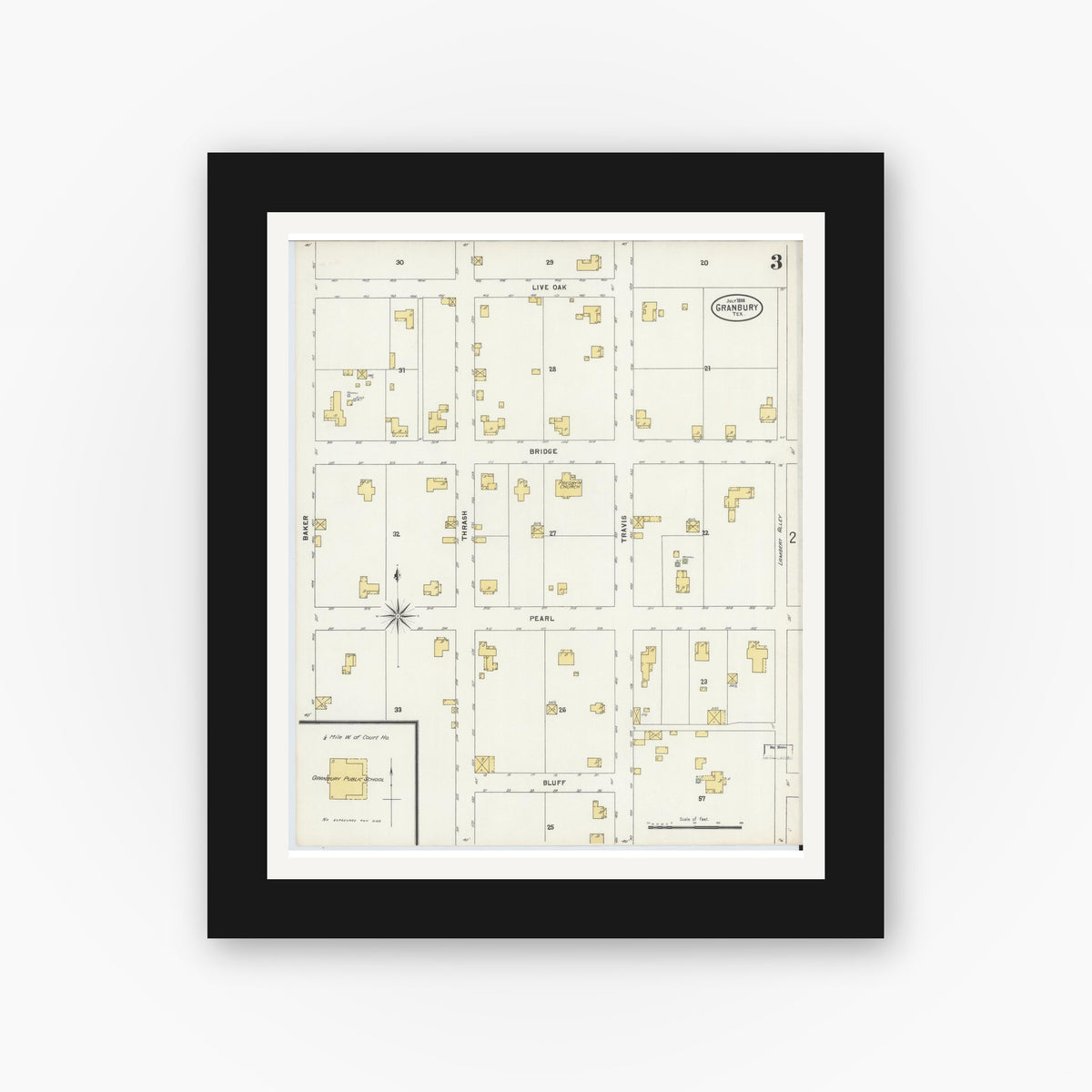 Old map wall art mockup — black gallery frame with white mat — Sanborn Fire Insurance Map from Granbury, Hood County, Texas (1898), Sheet #0003