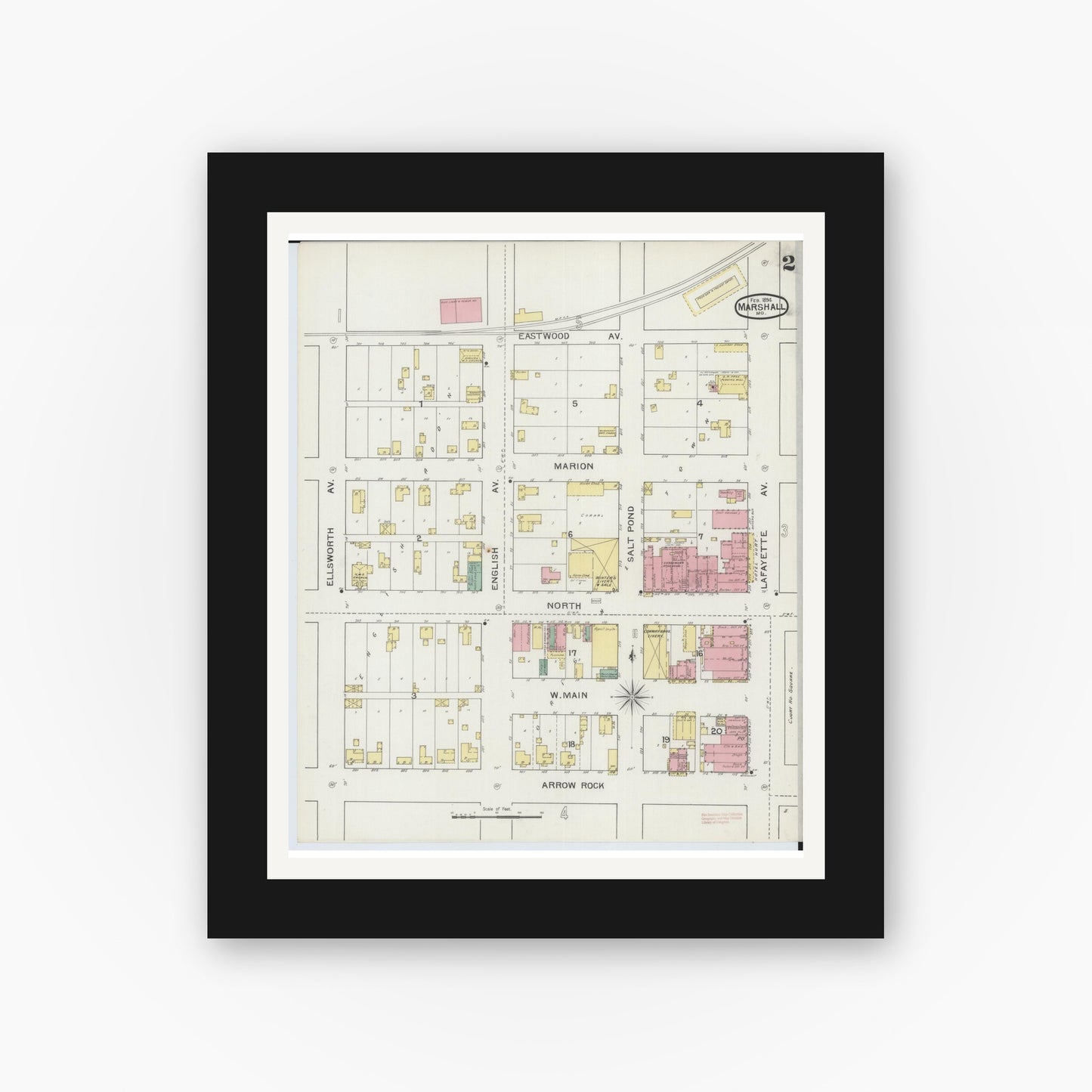 Old map wall art mockup — black gallery frame with white mat — Sanborn Fire Insurance Map from Marshall, Saline County, Missouri (1894), Sheet #0002