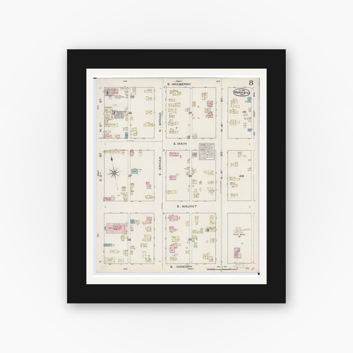 Old map wall art mockup — black gallery frame with white mat — Sanborn Fire Insurance Map from Mankato, Blue Earth County, Minnesota (1884), Sheet #0008