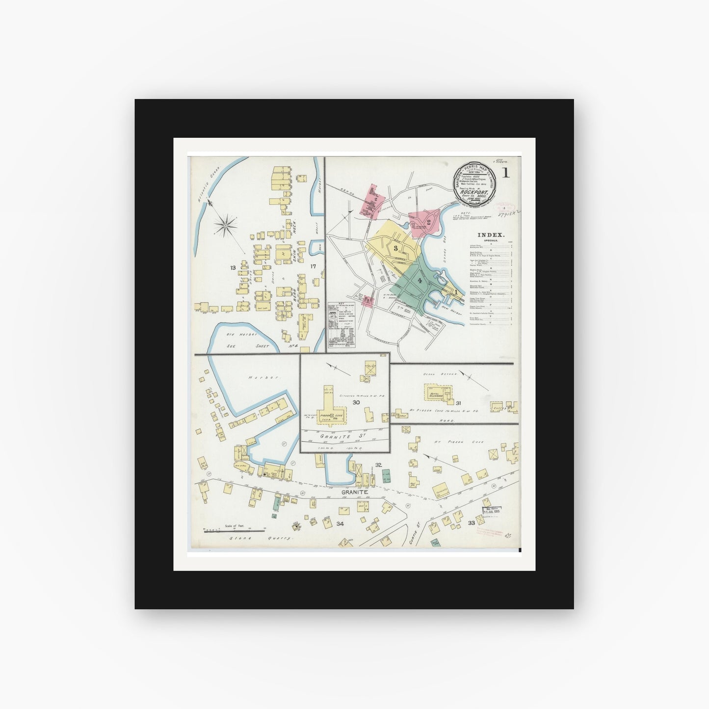 Old map wall art mockup — black gallery frame with white mat — Sanborn Fire Insurance Map from Rockport, Essex County, Massachusetts (1892) - Complete Map Set