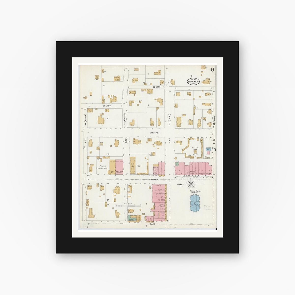 Old map wall art mockup — black gallery frame with white mat — Sanborn Fire Insurance Map from Bonham, Fannin County, Texas (1897), Sheet #0006