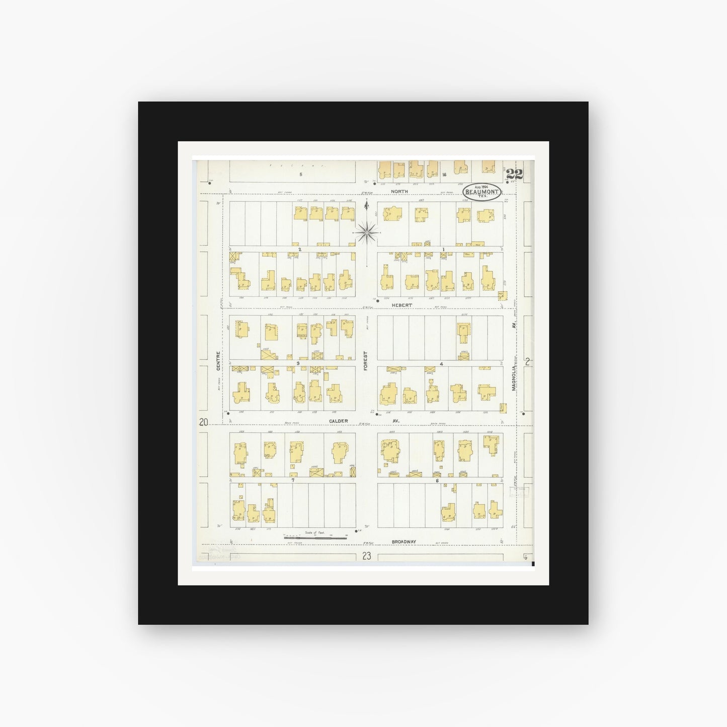 Old map wall art mockup — black gallery frame with white mat — Sanborn Fire Insurance Map from Beaumont, Jefferson County, Texas (1904), Sheet #0022