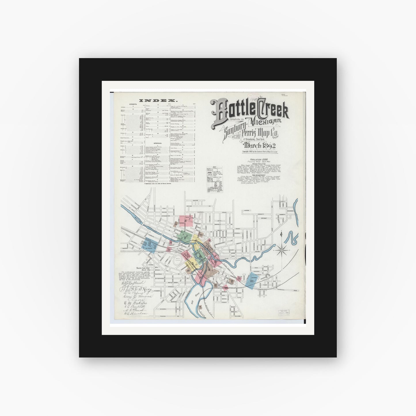 Old map wall art mockup — black gallery frame with white mat — Sanborn Fire Insurance Map from Battle Creek, Calhoun County, Michigan (1892), Sheet #0001