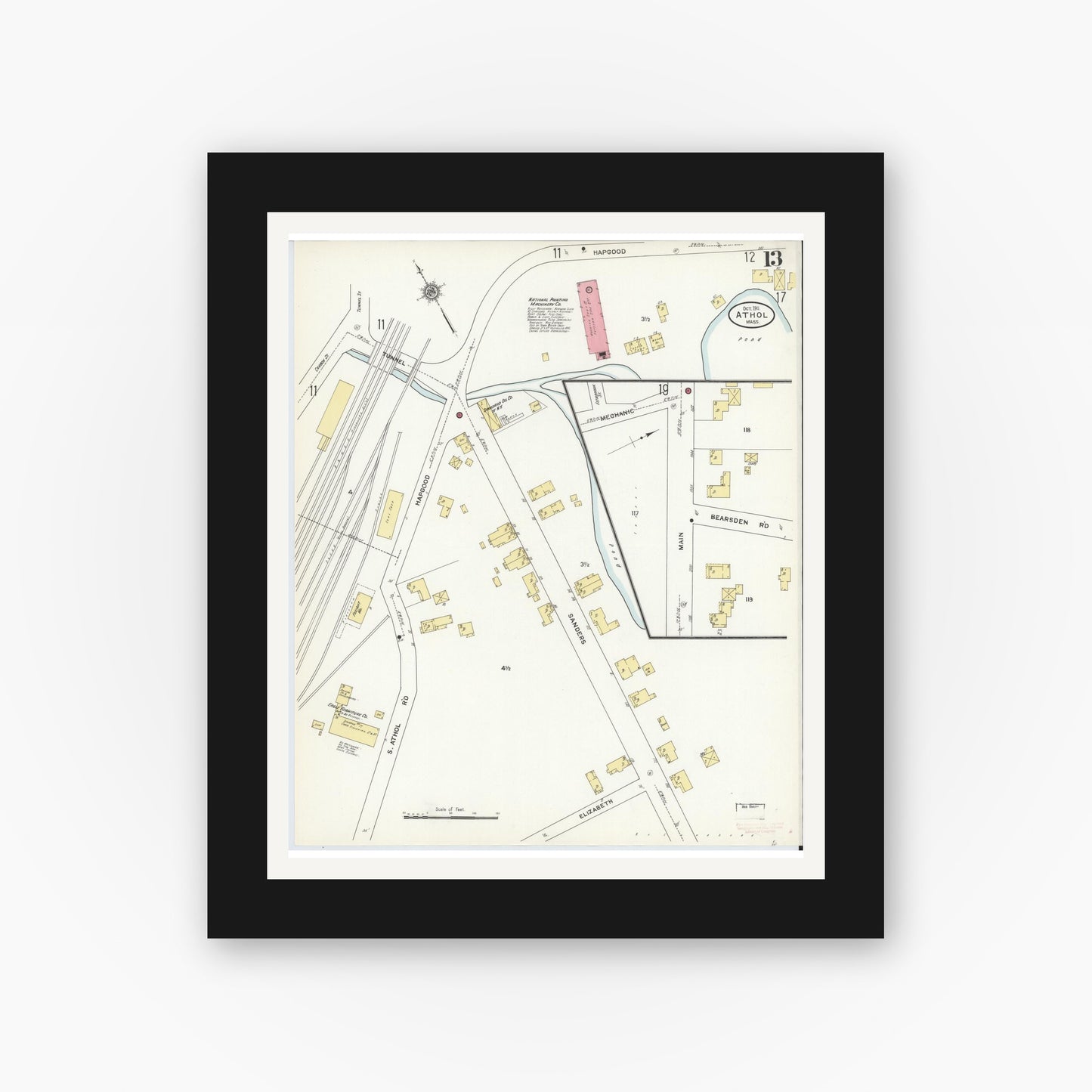 Old map wall art mockup — black gallery frame with white mat — Sanborn Fire Insurance Map from Athol, Worcester County, Massachusetts (1911), Sheet #0013