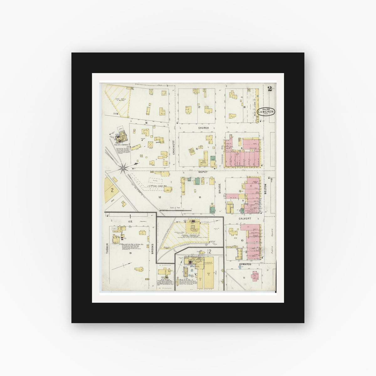 Old map wall art mockup — black gallery frame with white mat — Sanborn Fire Insurance Map from Cameron, Milam County, Texas (1896), Sheet #0002