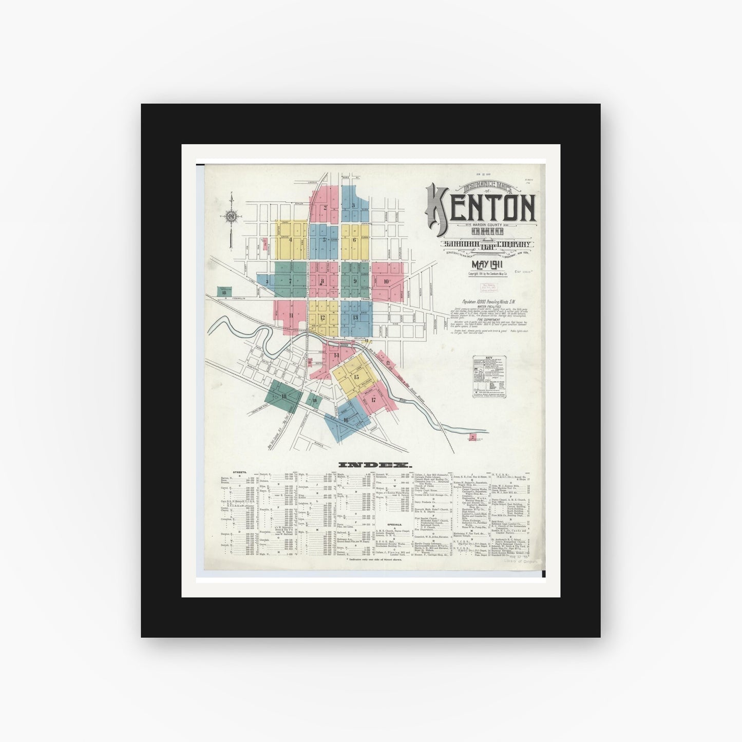 Old map wall art mockup — black gallery frame with white mat — Sanborn Fire Insurance Map from Kenton, Hardin County, Ohio (1911), Sheet #0001