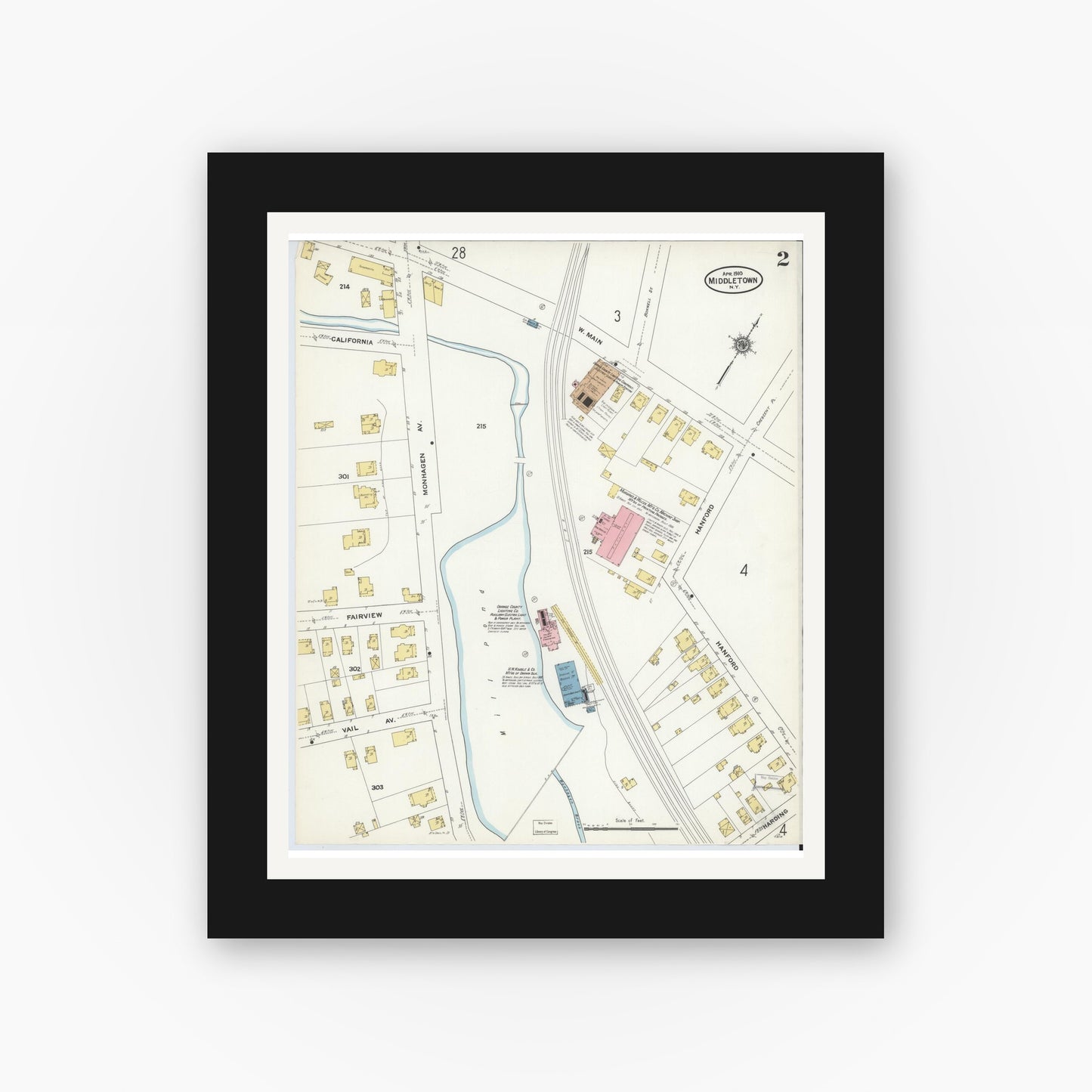 Old map wall art mockup — black gallery frame with white mat — Sanborn Fire Insurance Map from Middletown, Orange County, New York (1910) - Complete Map Set