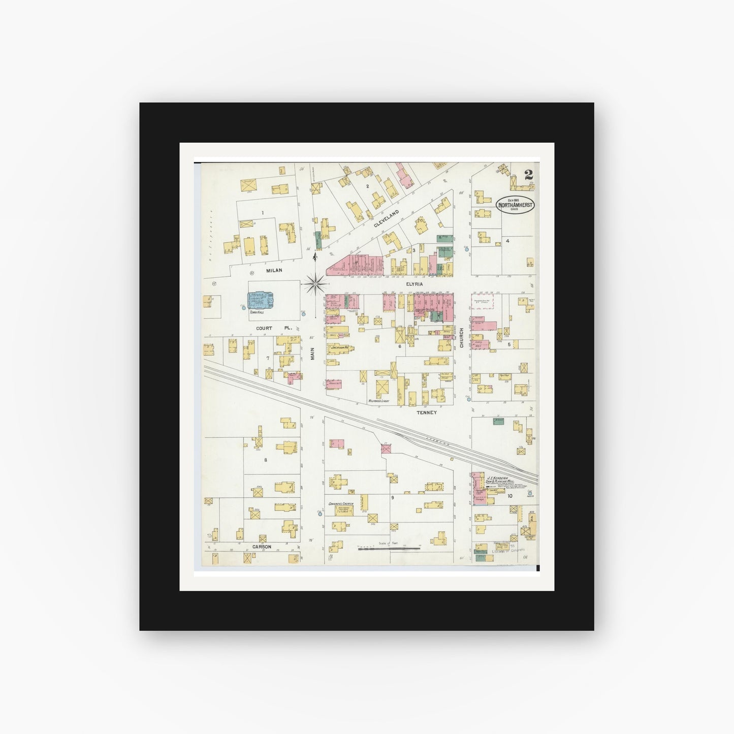 Old map wall art mockup — black gallery frame with white mat — Sanborn Fire Insurance Map from North Amherst, Lorain County, Ohio (1901), Sheet #0002