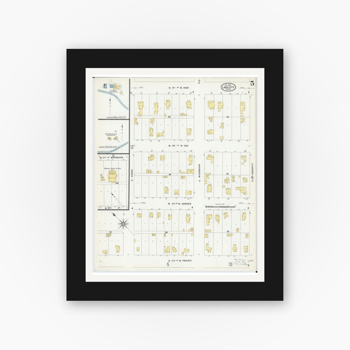 Old map wall art mockup — black gallery frame with white mat — Sanborn Fire Insurance Map from Lake City, Wabasha County, Minnesota (1909), Sheet #0005
