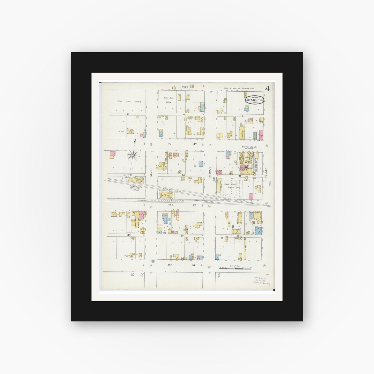 Old map wall art mockup — black gallery frame with white mat — Sanborn Fire Insurance Map from Shakopee, Scott County, Minnesota (1895), Sheet #0004