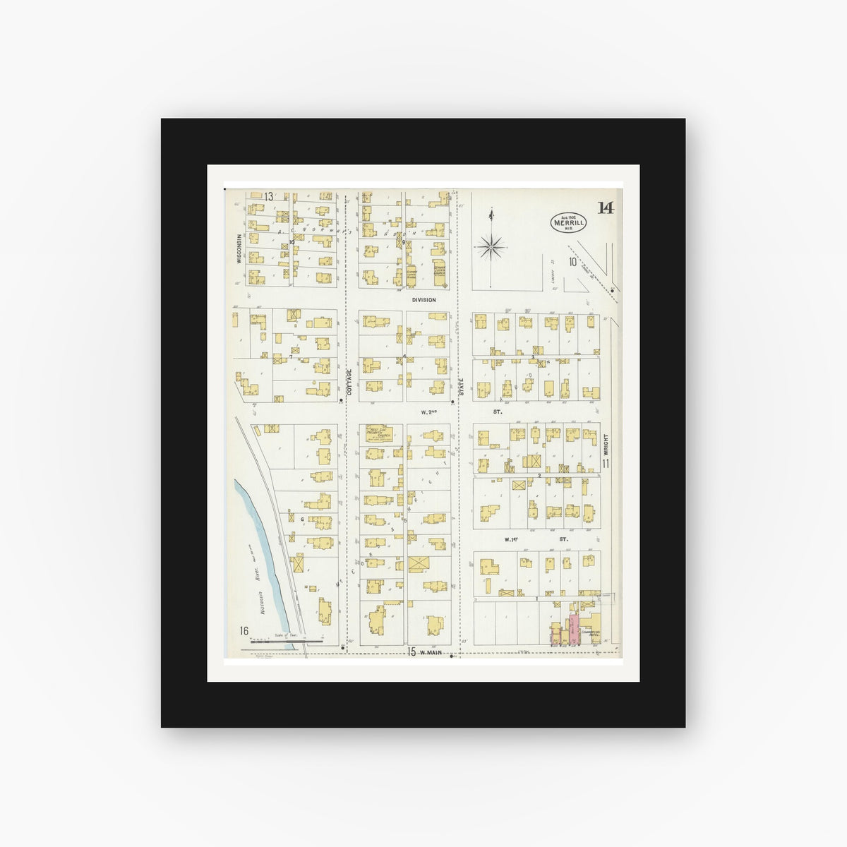Old map wall art mockup — black gallery frame with white mat — Sanborn Fire Insurance Map from Merrill, Lincoln County, Wisconsin (1902), Sheet #0014