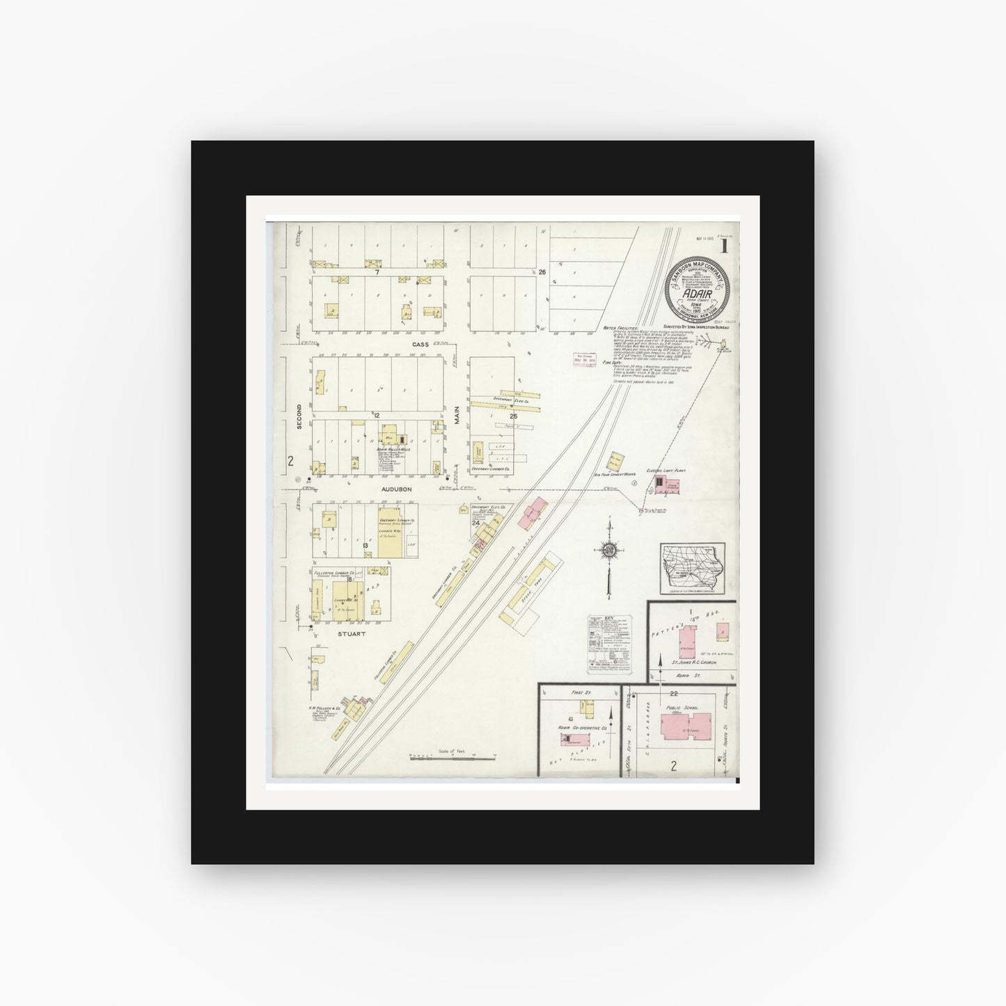 Old map wall art mockup — black gallery frame with white mat — Sanborn Fire Insurance Map from Adair, Adair and Guthrie Counties, Iowa (1915) — Complete Set