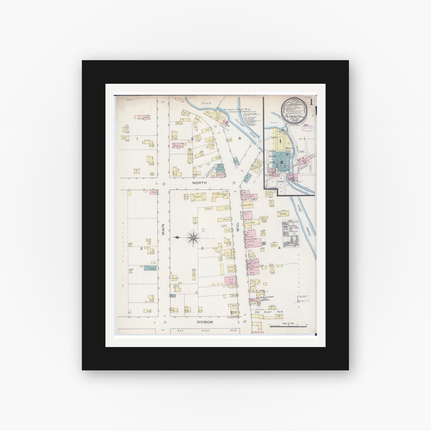 Old map wall art mockup — black gallery frame with white mat — Sanborn Fire Insurance Map from Plymouth, Sheboygan County, Wisconsin (1887), Sheet #0001