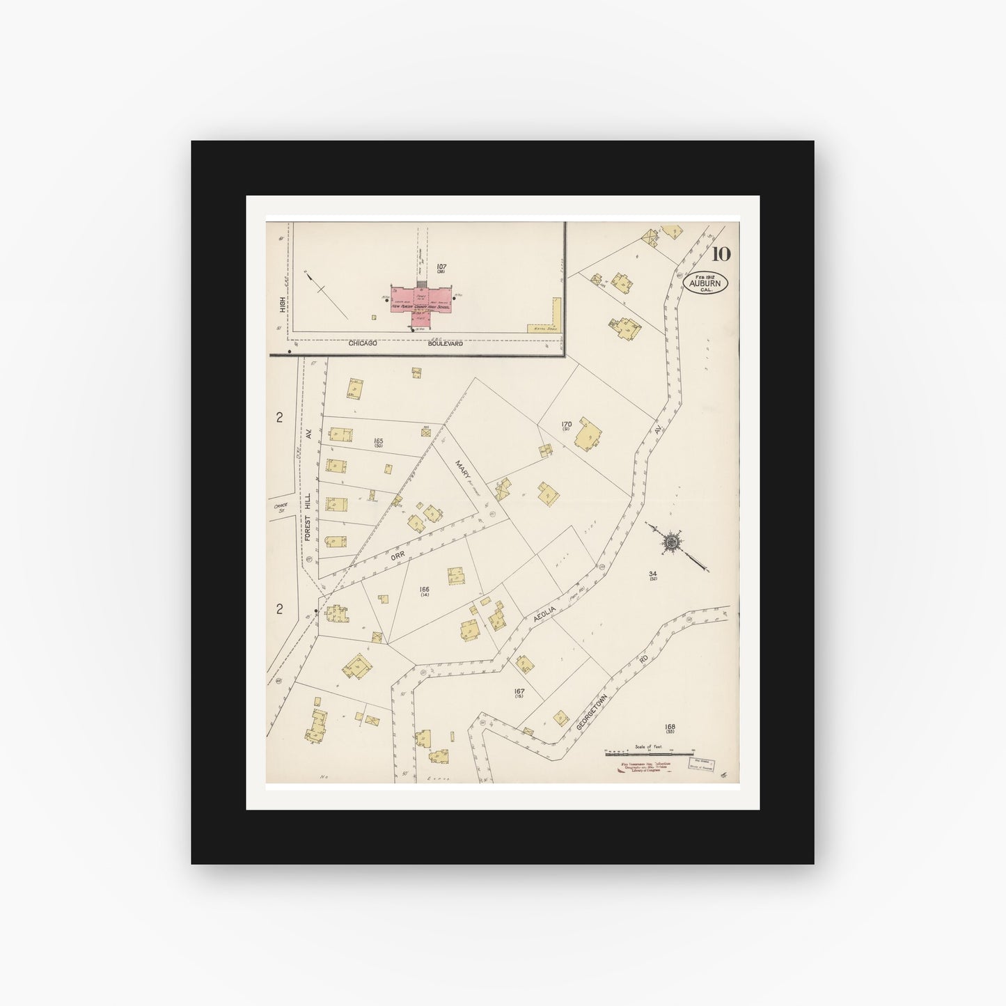 Old map wall art mockup — black gallery frame with white mat — Sanborn Fire Insurance Map from Auburn, Placer County, California (1912), Sheet #0010