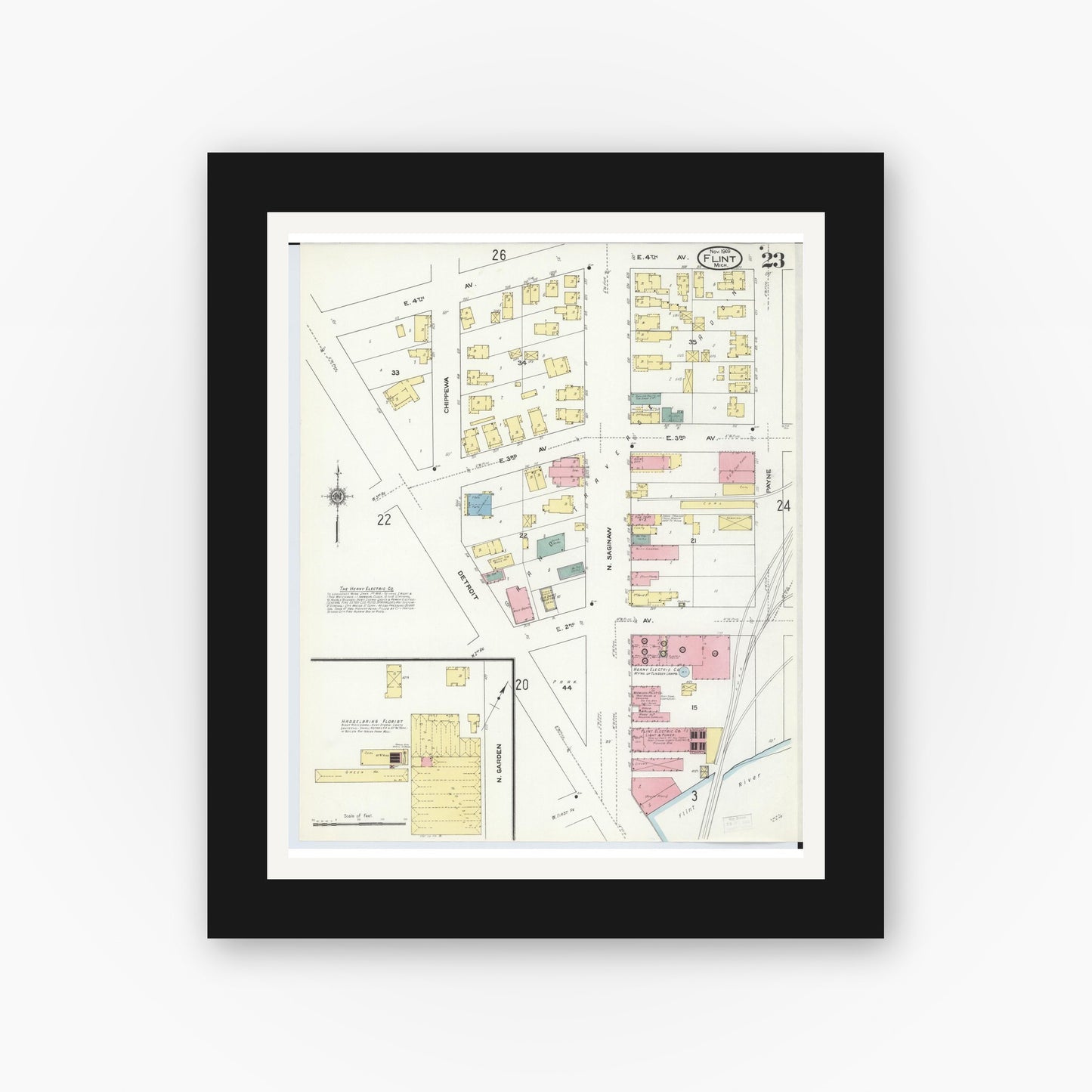 Old map wall art mockup — black gallery frame with white mat — Sanborn Fire Insurance Map from Flint, Genesee County, Michigan (1909), Sheet #0023