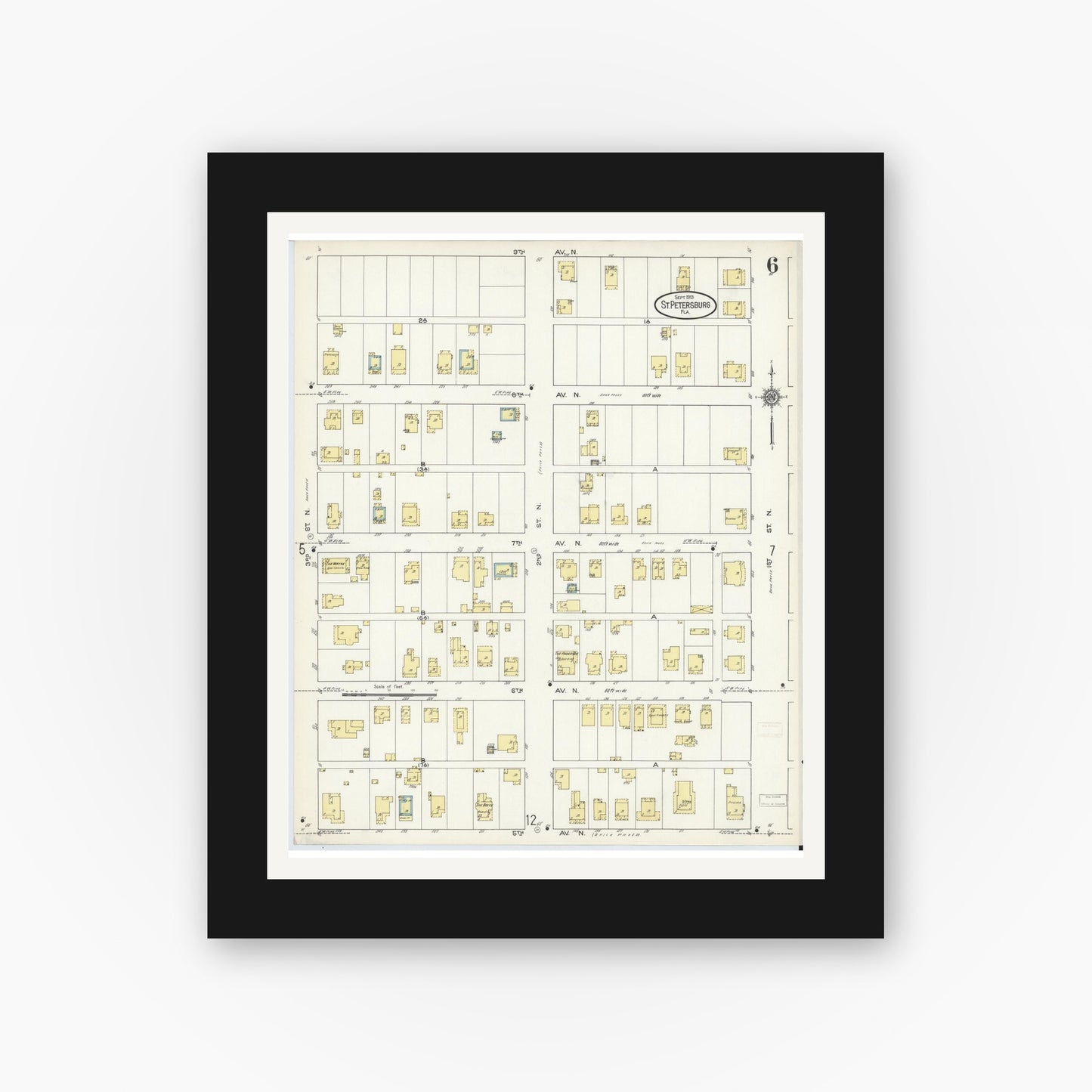 Old map wall art mockup — black gallery frame with white mat — Sanborn Fire Insurance Map from Saint Petersburg, Pinellas County, Florida (1913), Sheet #0006