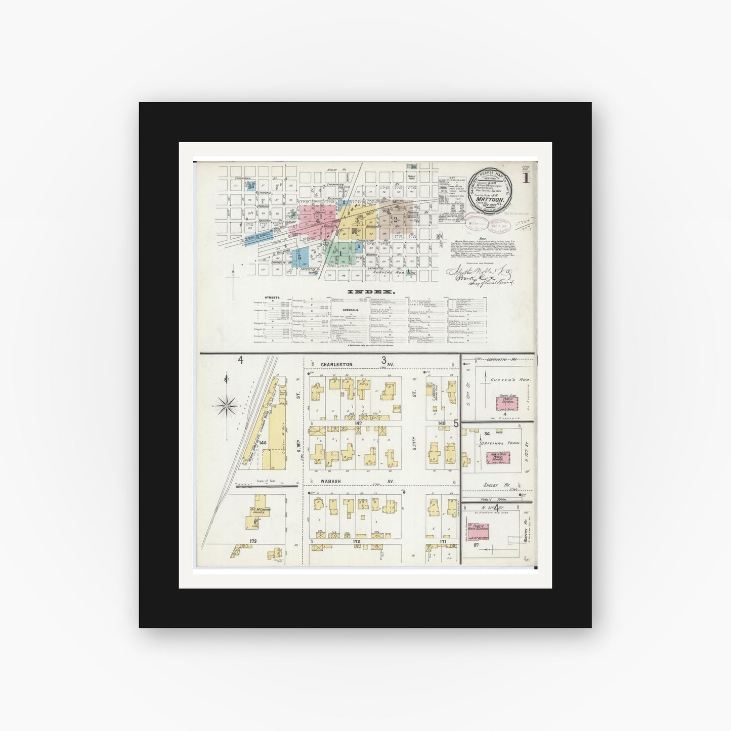 Old map wall art mockup — black gallery frame with white mat — Sanborn Fire Insurance Map from Mattoon, Coles County, Illinois (1897), Sheet #0001