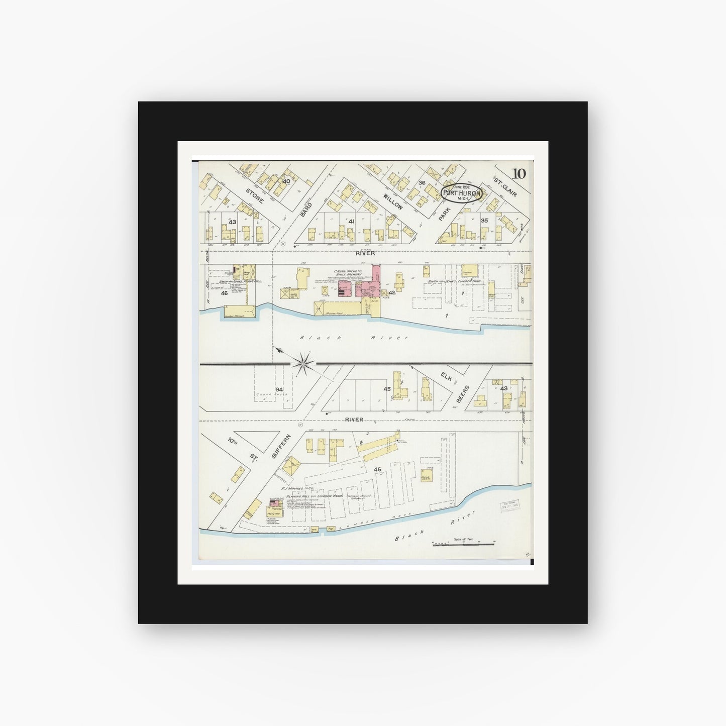 Old map wall art mockup — black gallery frame with white mat — Sanborn Fire Insurance Map from Port Huron, Saint Clair County, Michigan (1892), Sheet #0010