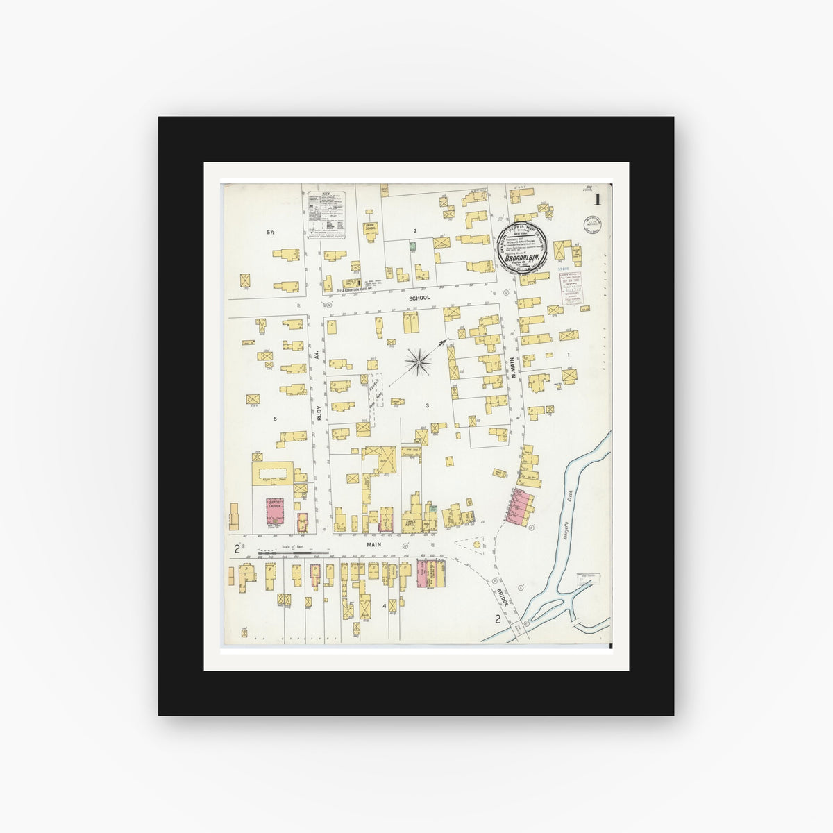 Old map wall art mockup — black gallery frame with white mat — Sanborn Fire Insurance Map from Broadalbin, Fulton County, New York (1900), Sheet #0001