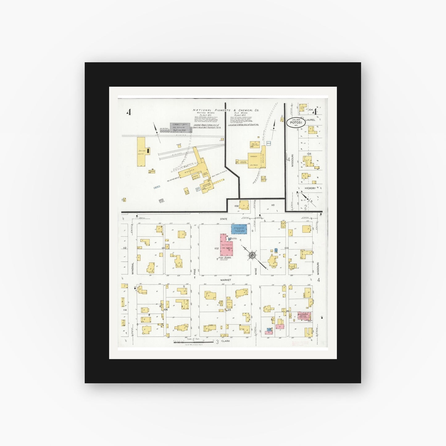 Old map wall art mockup — black gallery frame with white mat — Sanborn Fire Insurance Map from Potosi, Washington County, Missouri (1929), Sheet #0004
