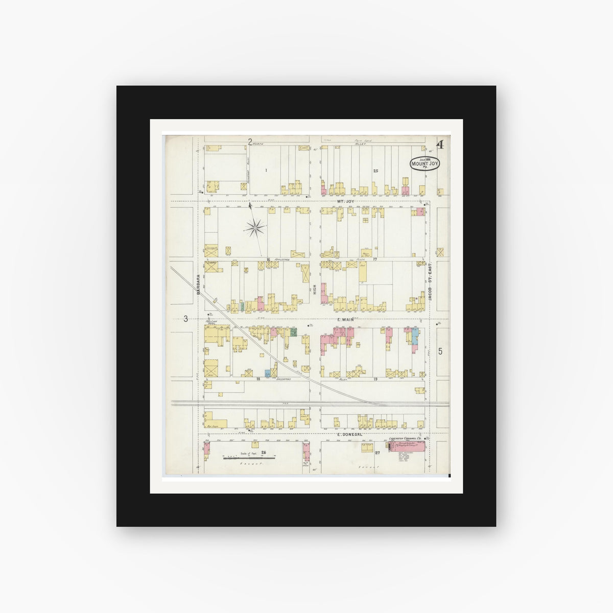 Old map wall art mockup — black gallery frame with white mat — Sanborn Fire Insurance Map from Mount Joy, Lancaster County, Pennsylvania (1896), Sheet #0004