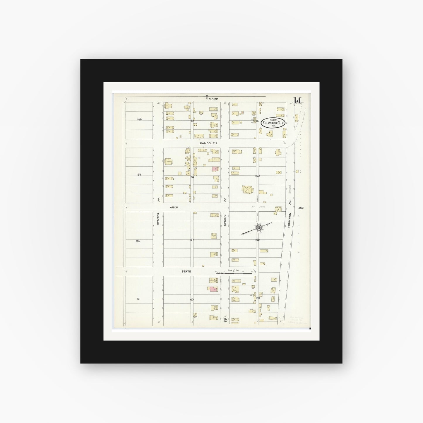 Old map wall art mockup — black gallery frame with white mat — Sanborn Fire Insurance Map from Ellwood City, Lawrence County, Pennsylvania (1914), Sheet #0014