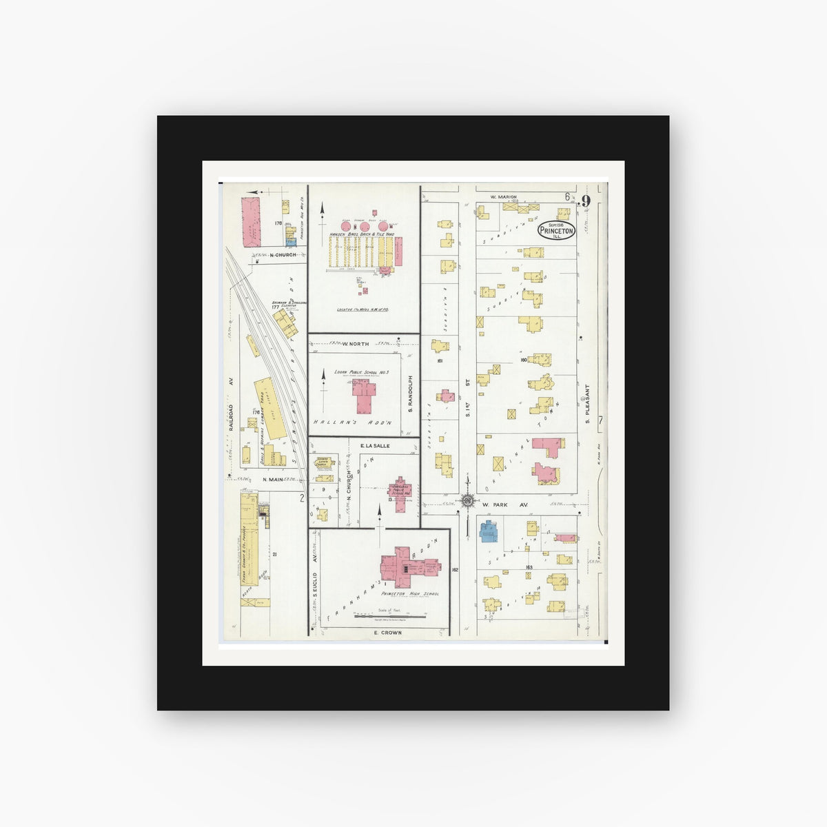 Old map wall art mockup — black gallery frame with white mat — Sanborn Fire Insurance Map from Princeton, Bureau County, Illinois (1918), Sheet #0009