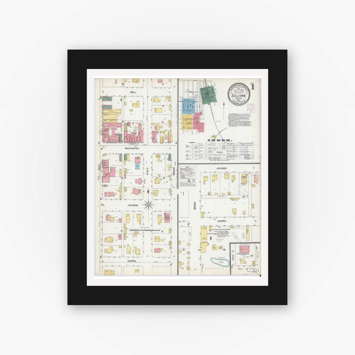 Old map wall art mockup — black gallery frame with white mat — Sanborn Fire Insurance Map from Sullivan, Sullivan County, Indiana (1902), Sheet #0001