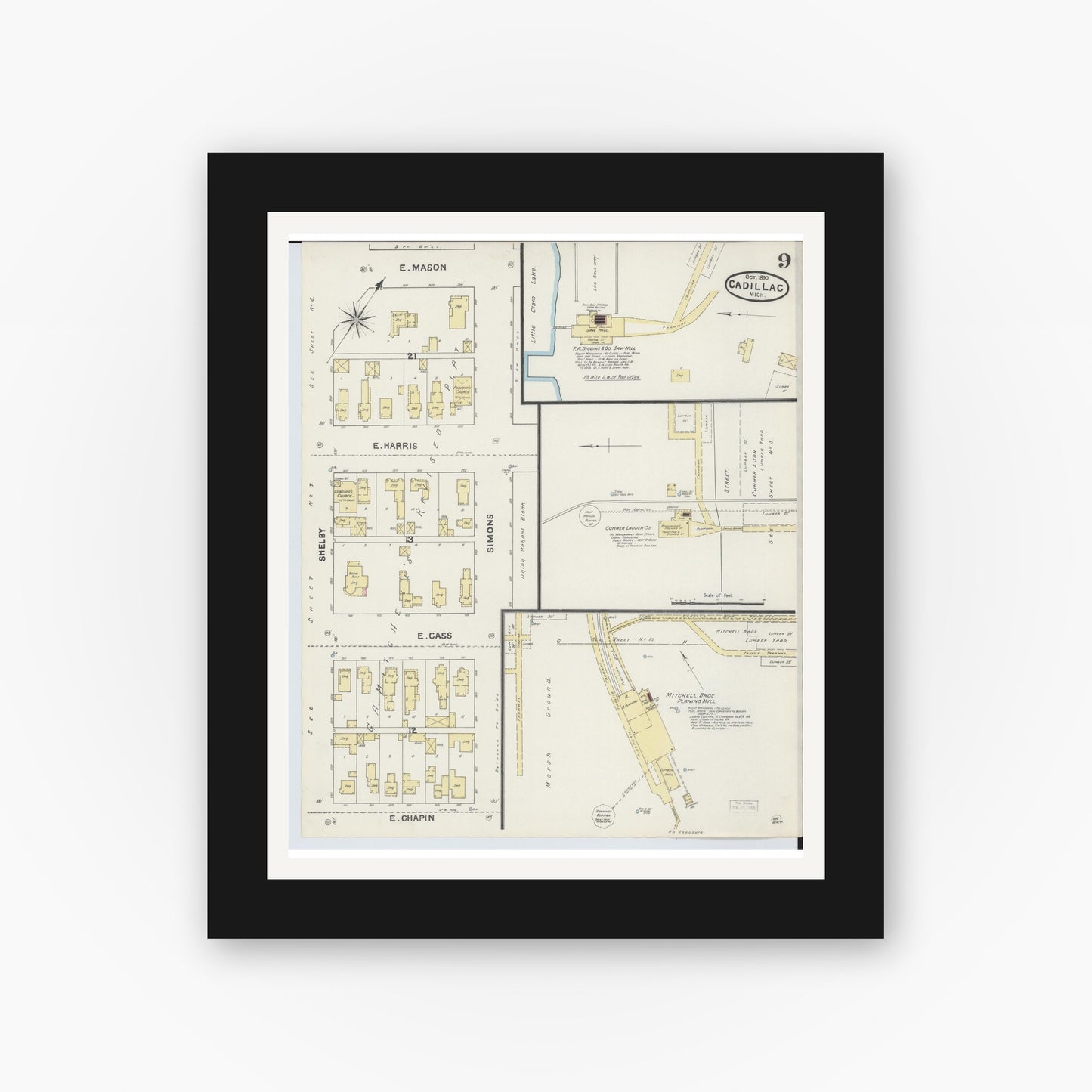 Old map wall art mockup — black gallery frame with white mat — Sanborn Fire Insurance Map from Cadillac, Wexford County, Michigan (1890), Sheet #0009