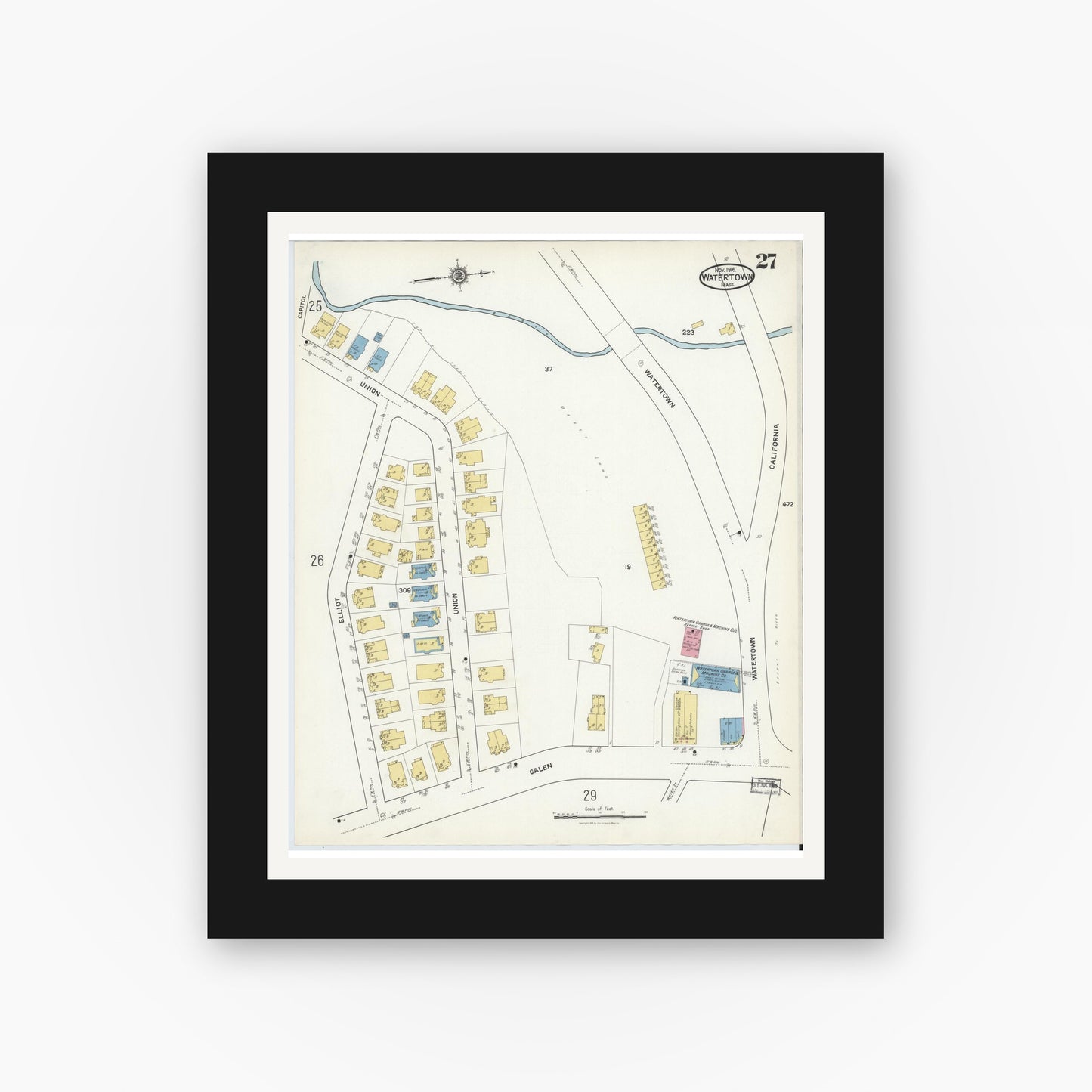 Old map wall art mockup — black gallery frame with white mat — Sanborn Fire Insurance Map from Watertown, Middlesex County, Massachusetts (1916), Sheet #0027