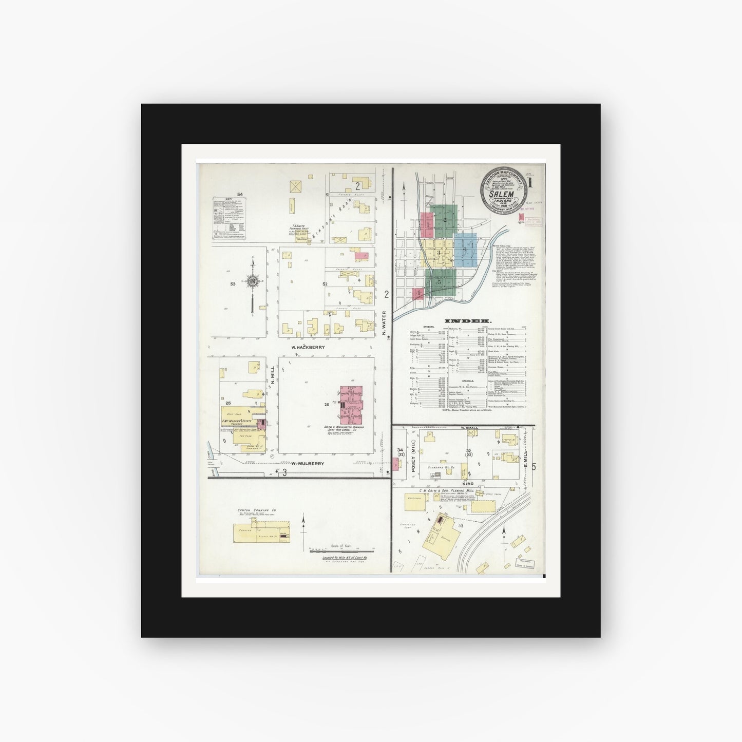 Old map wall art mockup — black gallery frame with white mat — Sanborn Fire Insurance Map from Salem, Washington County, Indiana (1910) - Complete Map Set